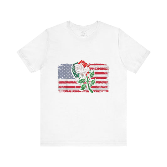 Patriotic Floral Tee, Unisex Short Sleeve Shirt, USA Flag T-Shirt, Flower Graphic Tee, Independence Day Apparel, Vintage Style